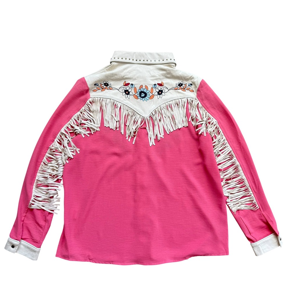 John Moon Texas Pink Western Shirt Floral Embroidery Fringe Studded XL Handmade - Picture 6 of 14